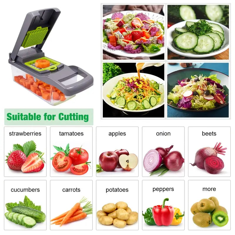 Kitchen Vegetable Chopper, 14-in-1 Vegetable Chopper Food Cutter With 8 Stainless Steel Blades And Container Ideal For Slicing Onions Garlic