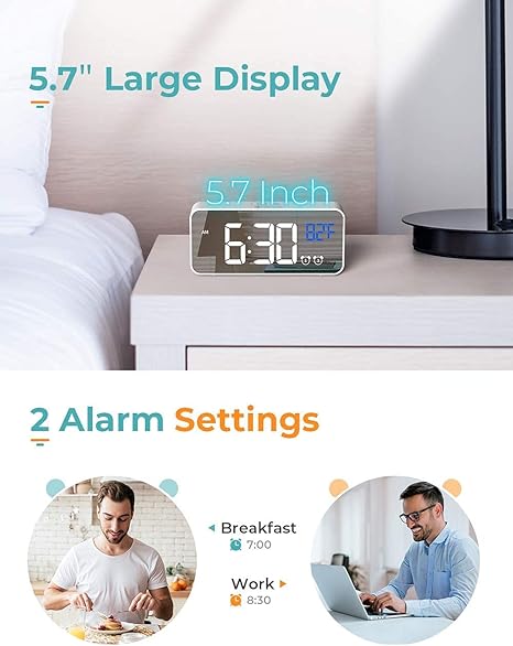 Digital Alarm Clock, with Large Led Temperature Display, Portable Alarm Clock Digital, Snooze Time, Four-Level Adjustable Brightness Dimmer, 13 Music USB Charging Ports, Suitable for Bedside, Bedroom Visit the Ohamtes Store