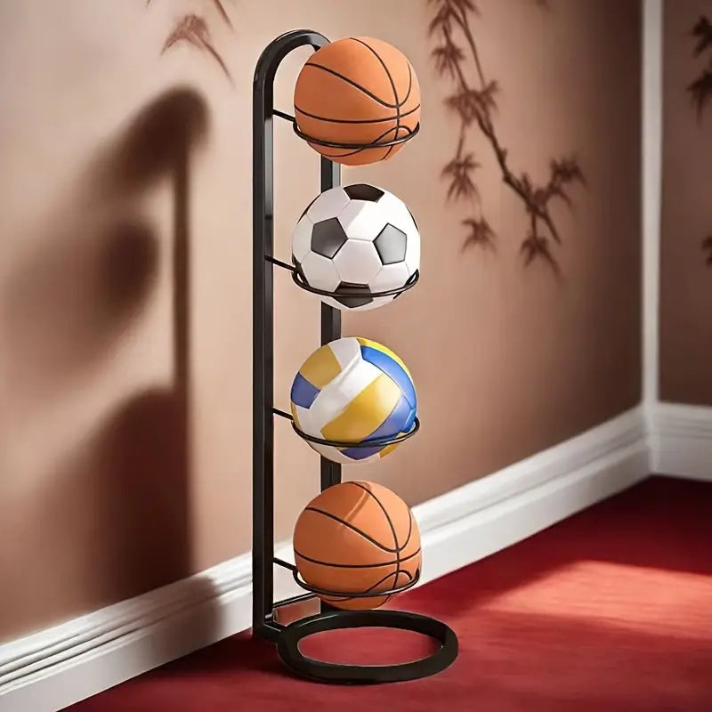 Adjustable Height Sports Ball Storage Rack for Teenagers 14+, Four-Layer Iron Basketball Soccer Volleyball Organizer Stand