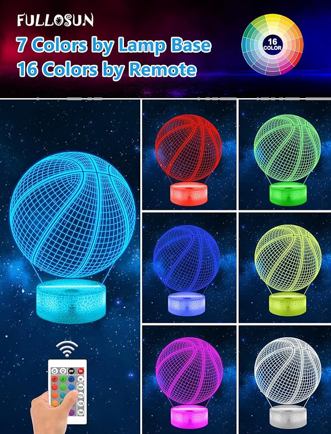 Basketball 3D Night Light for Kids,FULLOSUN Optical Illusion LED Lamp,16 Colors Changing Remote Control Sport Fan Room Decoration Xmas Birthday Best Creative Teen Boy