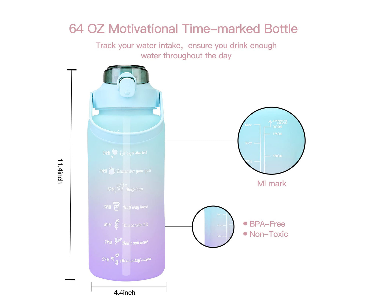 2L Sports Water Bottle Large Capacity Straw Time Motivational Bottle