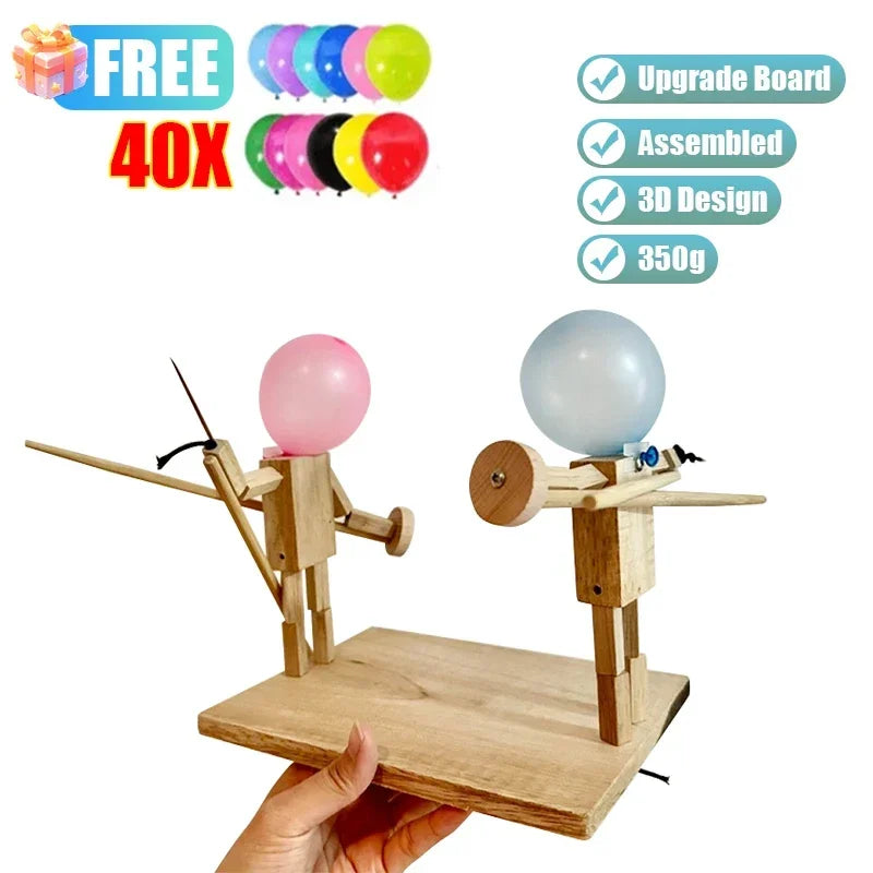 Balloon Battle Handmade Wooden Fencing Puppet Head Inflatable Wooden Fighter Fast Paced Balloon Battle Game for 2 Players