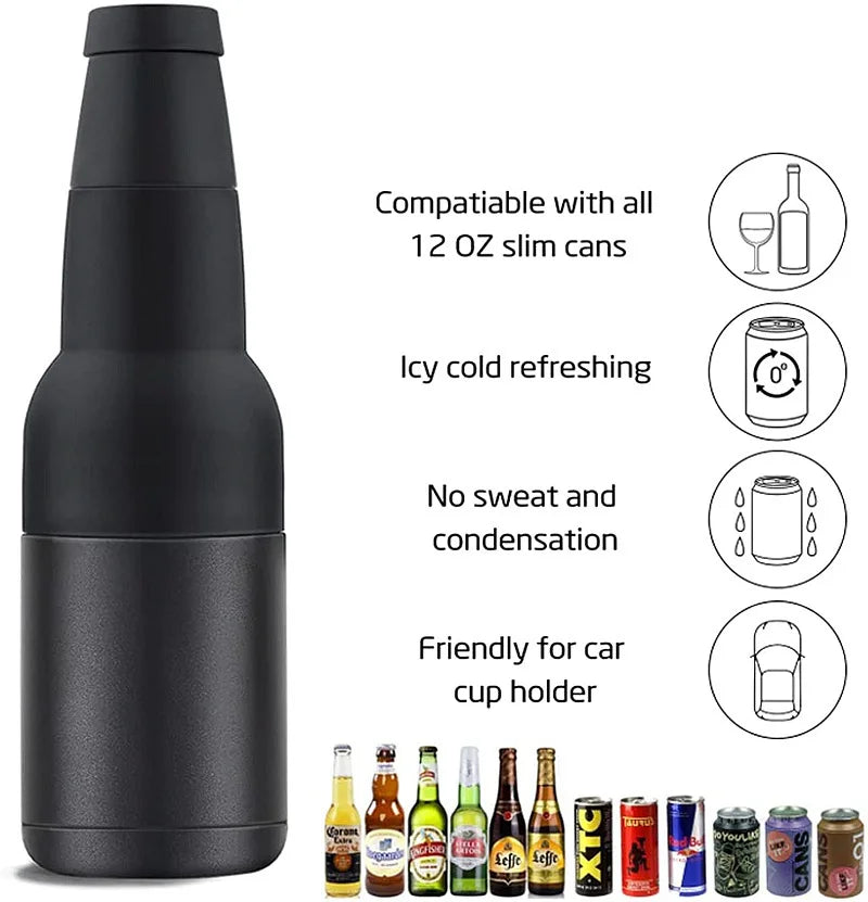 3 in 1 Stainless Steel Beer Drink Can Bottle Holder with Cola Opener Double Wall Vacuum Insulated Bottle for Beer Can Cooler Bar