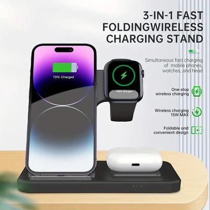 Foldable 3 In 1 Fast Charging Station, 15W Wireless Charger Stand For IPhone 15/14,13,12,11/Pro/Max/Mini/Plus, X, XR, XS/Max, SE, 8/Plus, For Watch 1-8, For Airpods 3/2/Pro