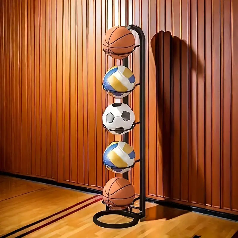 Adjustable Height Sports Ball Storage Rack for Teenagers 14+, Four-Layer Iron Basketball Soccer Volleyball Organizer Stand