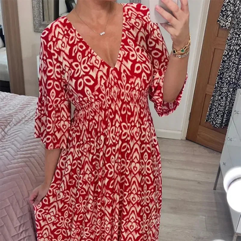 2024 Summer Bohemian Casual V-Neck Floral Dress Women Wrap Summerelegant Beach Clothes Holiday Elegant Lady Loose Beach Dresses