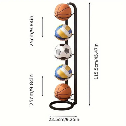 Adjustable Height Sports Ball Storage Rack for Teenagers 14+, Four-Layer Iron Basketball Soccer Volleyball Organizer Stand