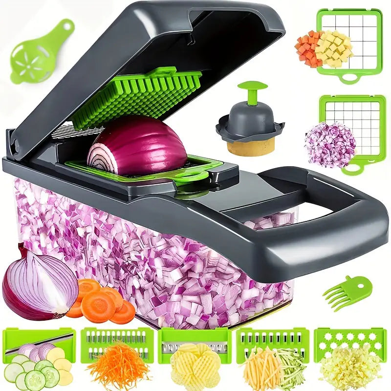 Kitchen Vegetable Chopper, 14-in-1 Vegetable Chopper Food Cutter With 8 Stainless Steel Blades And Container Ideal For Slicing Onions Garlic